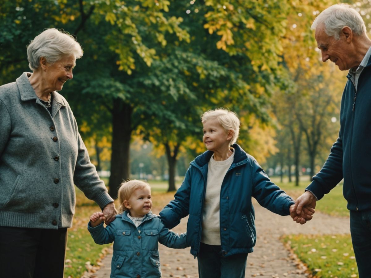 Grandparents holding hands with grandchild in California park