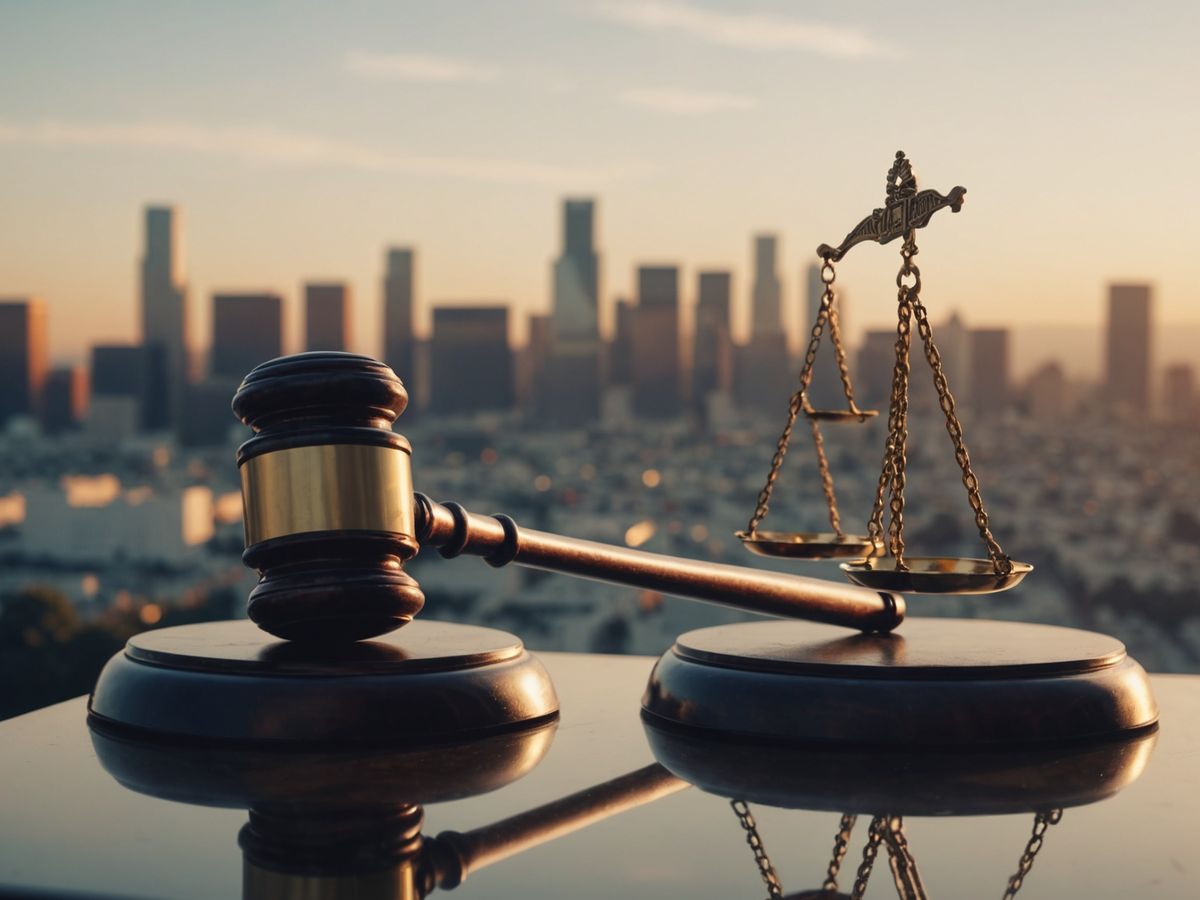 Gavel and scales over Los Angeles cityscape