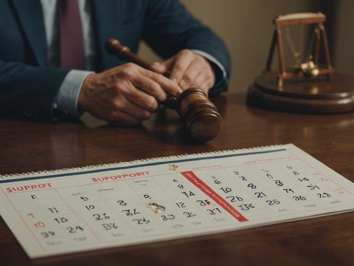 Parents discussing child support with a calendar and gavel